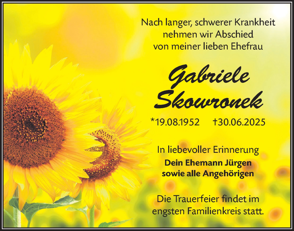  Traueranzeige für Gabriele Skowronek vom 19.07.2025 aus Lausitzer Rundschau