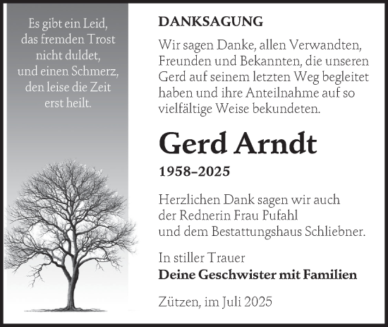 Traueranzeige von Gerd Arndt von Lausitzer Rundschau