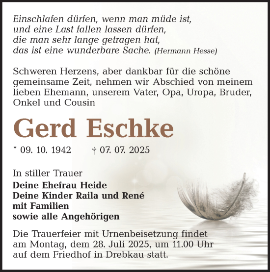 Traueranzeige von Gerd Eschke von Lausitzer Rundschau