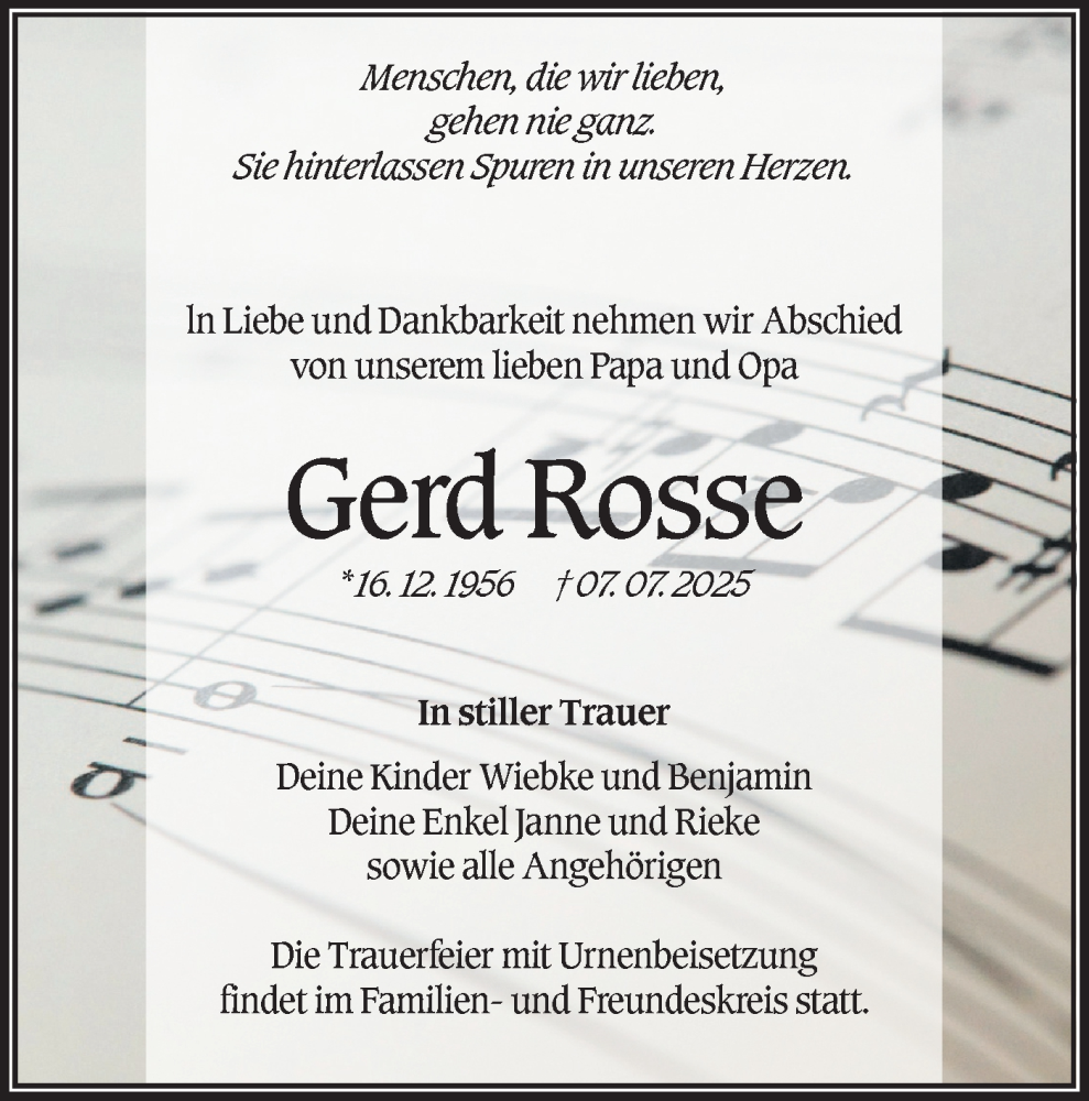  Traueranzeige für Gerd Rosse vom 19.07.2025 aus Lausitzer Rundschau