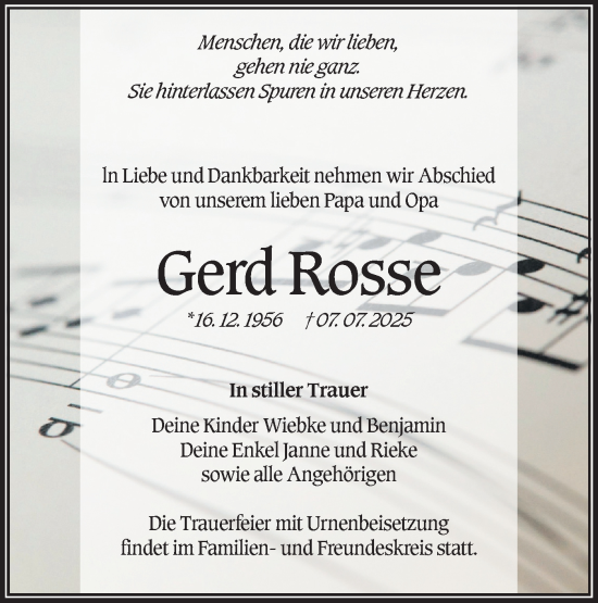 Traueranzeige von Gerd Rosse von Lausitzer Rundschau