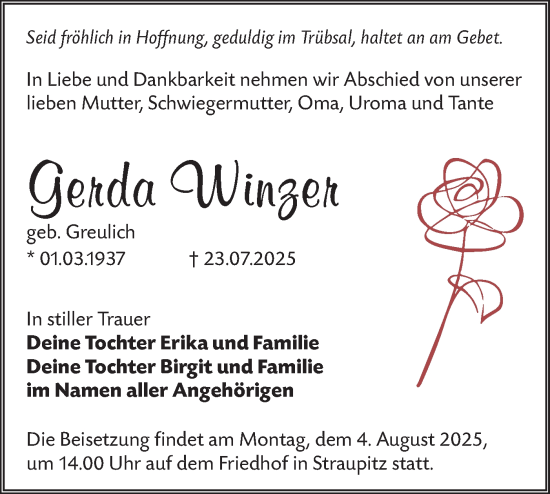 Traueranzeige von Gerda Winzer von Lausitzer Rundschau