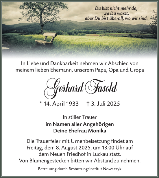 Traueranzeige von Gerhard Fasold von Lausitzer Rundschau