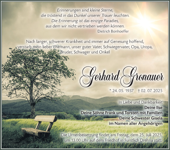 Traueranzeige von Gerhard Gronauer von Lausitzer Rundschau
