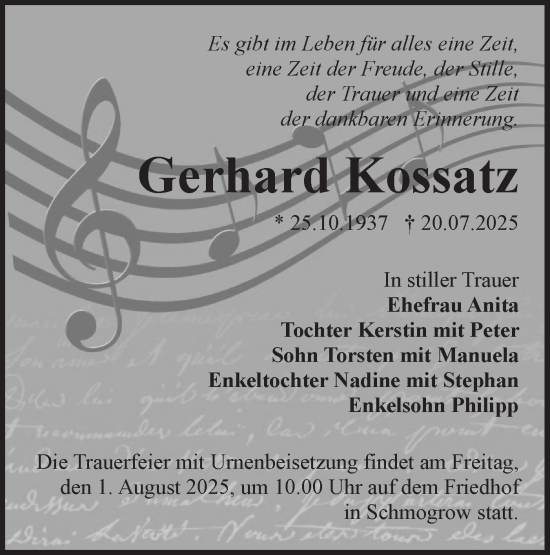 Traueranzeige von Gerhard Kossatz von Lausitzer Rundschau