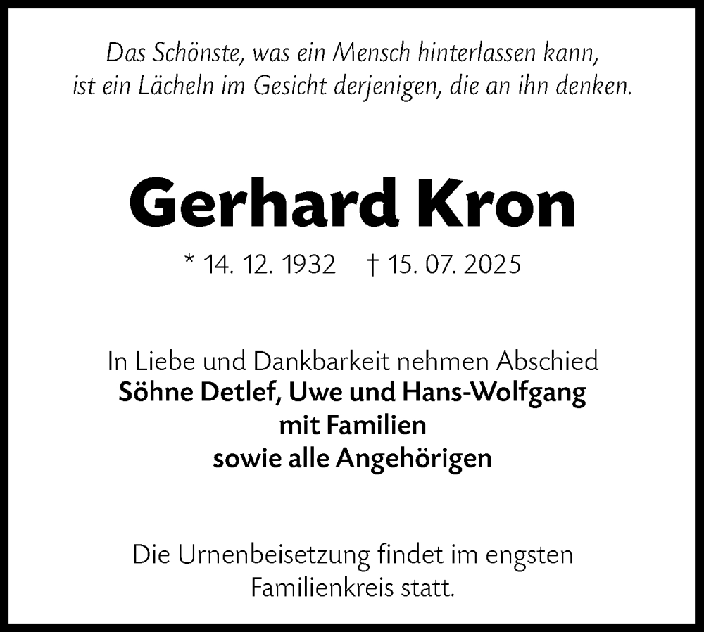 Traueranzeige für Gerhard Kron vom 26.07.2025 aus Lausitzer Rundschau