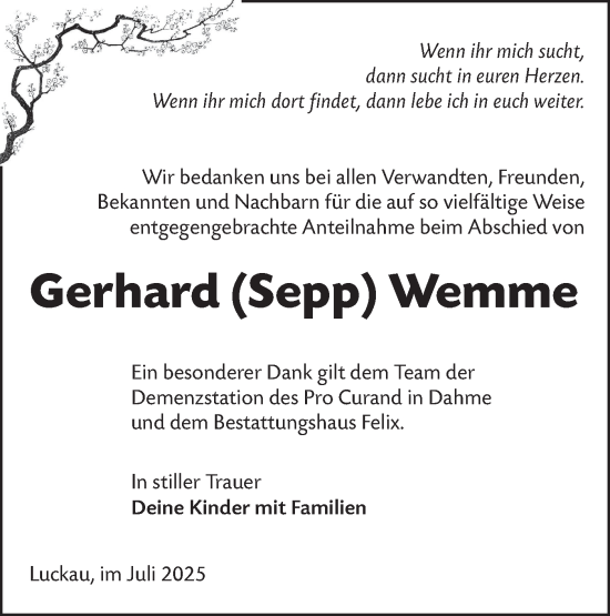 Traueranzeige von Gerhard Wemme von Lausitzer Rundschau