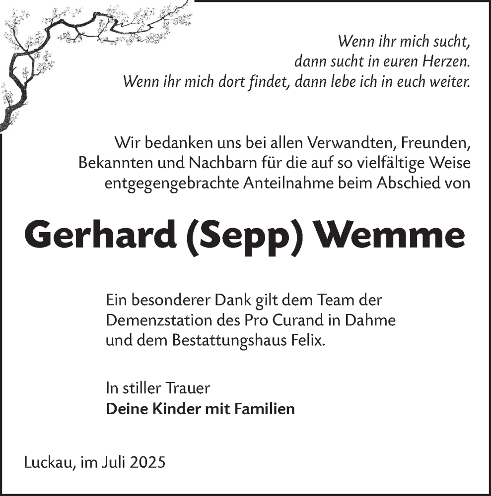  Traueranzeige für Gerhard Wemme vom 26.07.2025 aus Lausitzer Rundschau