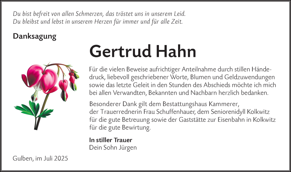  Traueranzeige für Gertrud Hahn vom 19.07.2025 aus Lausitzer Rundschau