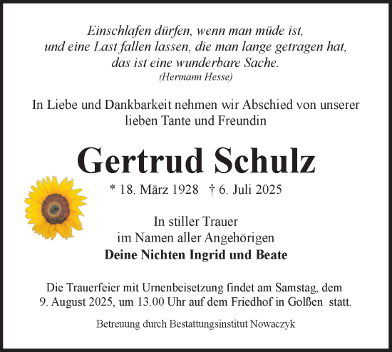 Traueranzeige von Gertrud Schulz von Lausitzer Rundschau