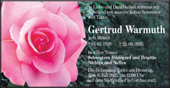 Traueranzeige von Gertrud Warmuth von Lausitzer Rundschau
