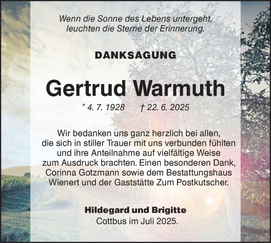 Traueranzeige von Gertrud Warmuth von Lausitzer Rundschau