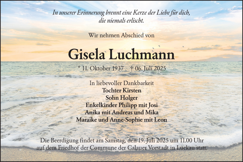  Traueranzeige für Gisela Luchmann vom 12.07.2025 aus Lausitzer Rundschau