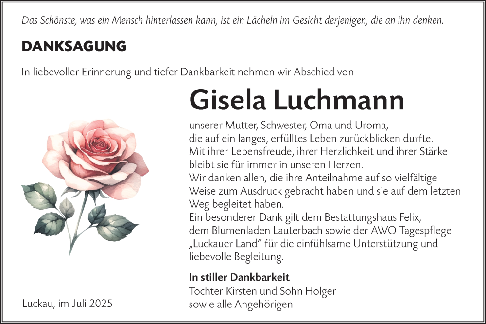  Traueranzeige für Gisela Luchmann vom 26.07.2025 aus Lausitzer Rundschau