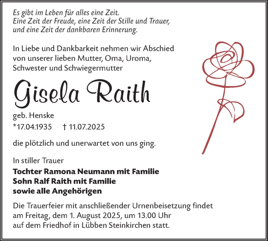 Traueranzeige von Gisela Raith von Lausitzer Rundschau
