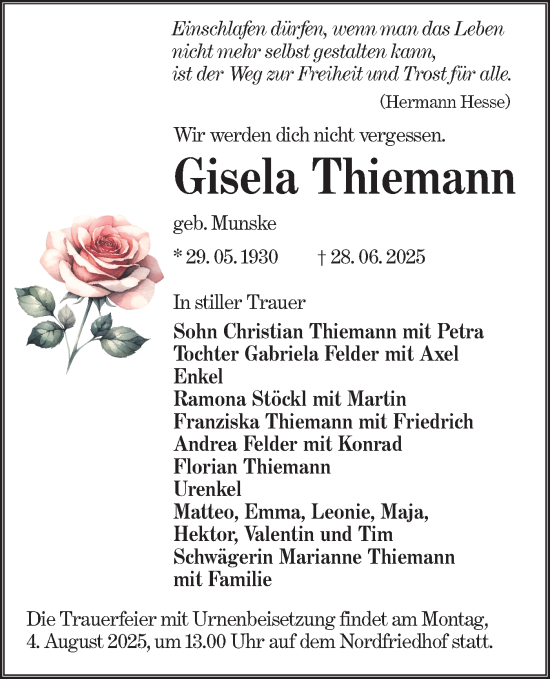 Traueranzeige von Gisela Thiemann von Lausitzer Rundschau