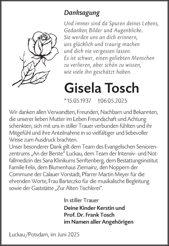 Traueranzeige von Gisela Tosch von Lausitzer Rundschau