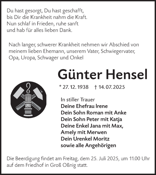 Traueranzeige von Günter Hensel von Lausitzer Rundschau