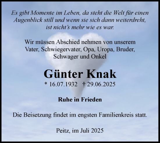 Traueranzeige von Günter Knak von Lausitzer Rundschau