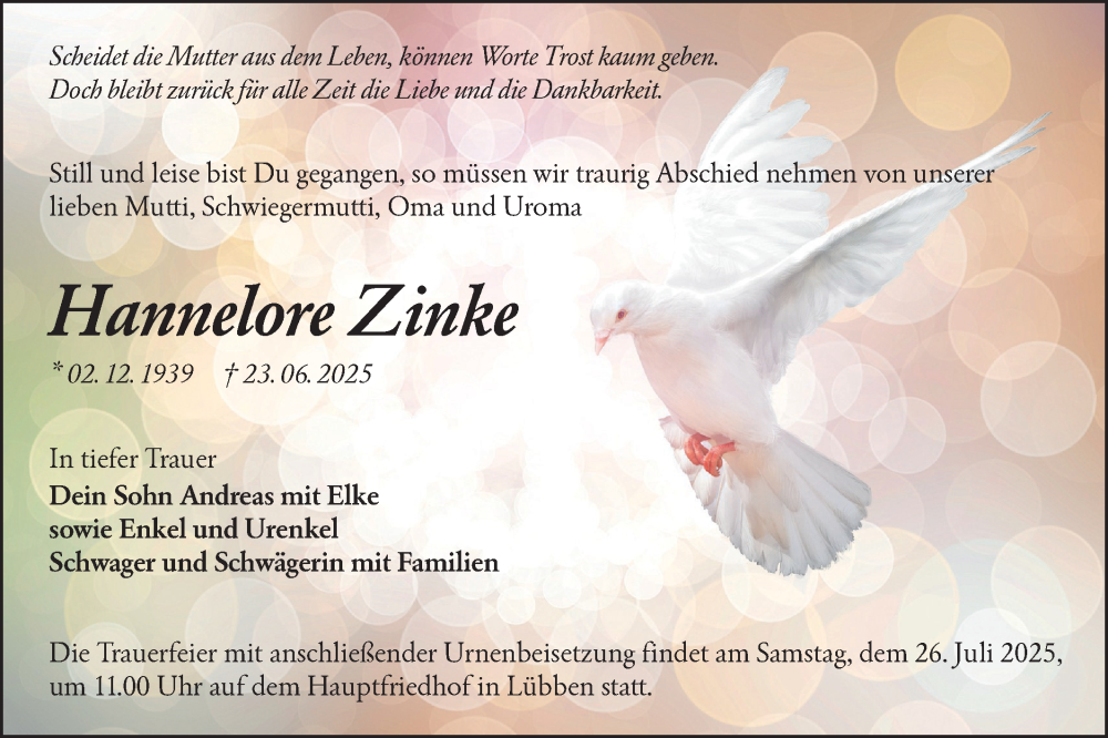  Traueranzeige für Hannelore Zinke vom 05.07.2025 aus Lausitzer Rundschau