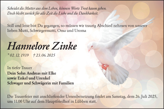 Traueranzeige von Hannelore Zinke von Lausitzer Rundschau