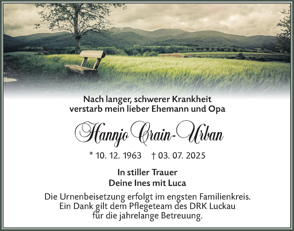  Traueranzeige für Hannjo Crain-Urban vom 12.07.2025 aus Lausitzer Rundschau