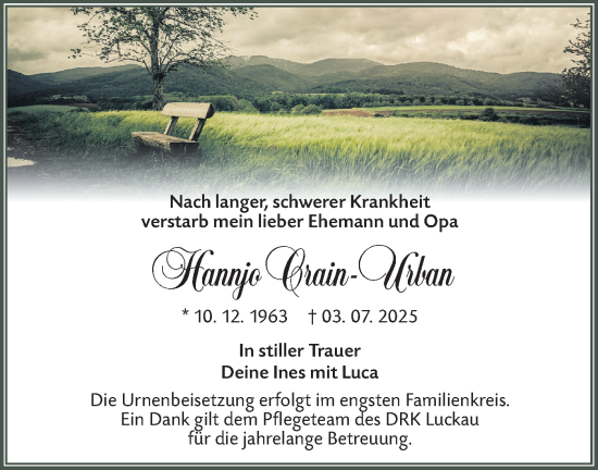 Traueranzeige von Hannjo Crain-Urban von Lausitzer Rundschau