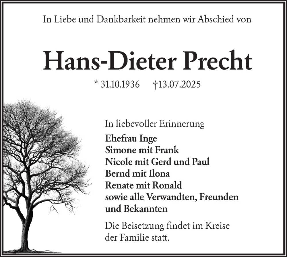  Traueranzeige für Hans-Dieter Precht vom 26.07.2025 aus Lausitzer Rundschau