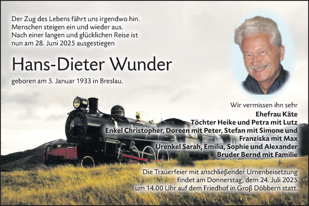  Traueranzeige für Hans-Dieter Wunder vom 11.07.2025 aus Lausitzer Rundschau