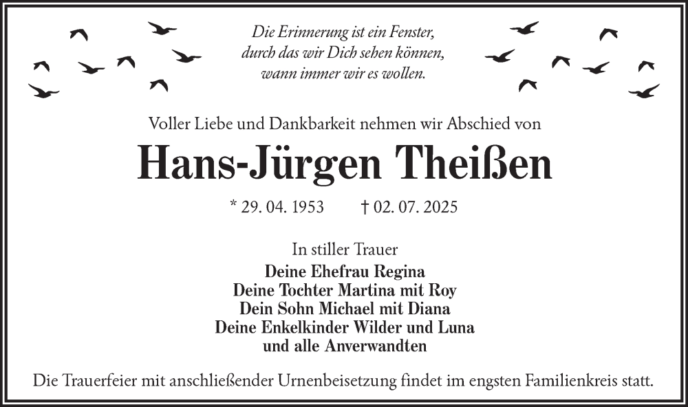  Traueranzeige für Hans-Jürgen Theißen vom 19.07.2025 aus Lausitzer Rundschau