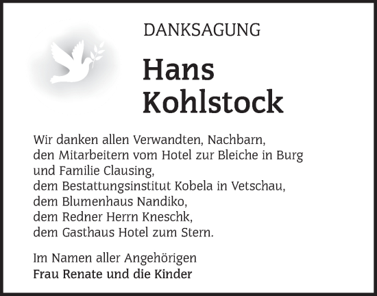 Traueranzeige von Hans Kohlstock von Lausitzer Rundschau