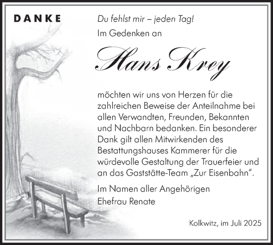 Traueranzeige von Hans Krey von Lausitzer Rundschau