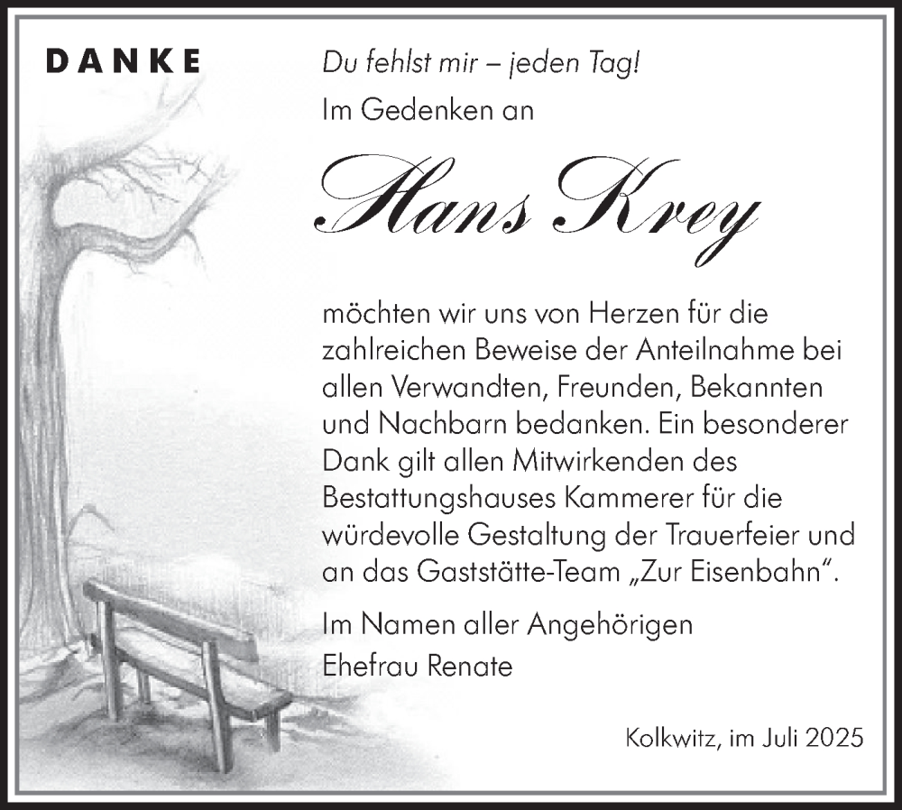  Traueranzeige für Hans Krey vom 26.07.2025 aus Lausitzer Rundschau