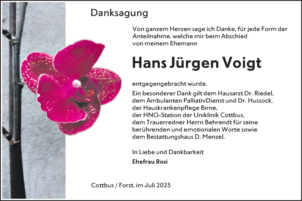  Traueranzeige für Hans Jürgen Voigt vom 26.07.2025 aus Lausitzer Rundschau