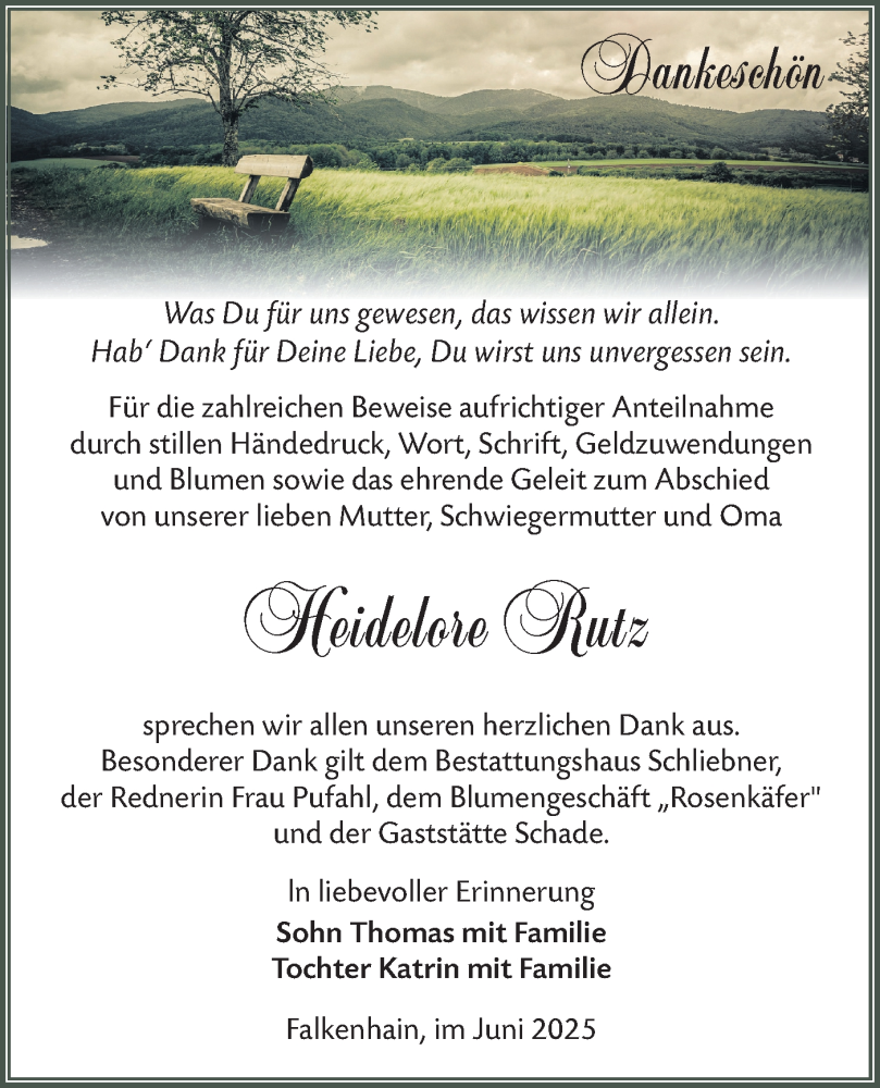  Traueranzeige für Heidelore Rutz vom 12.07.2025 aus Lausitzer Rundschau