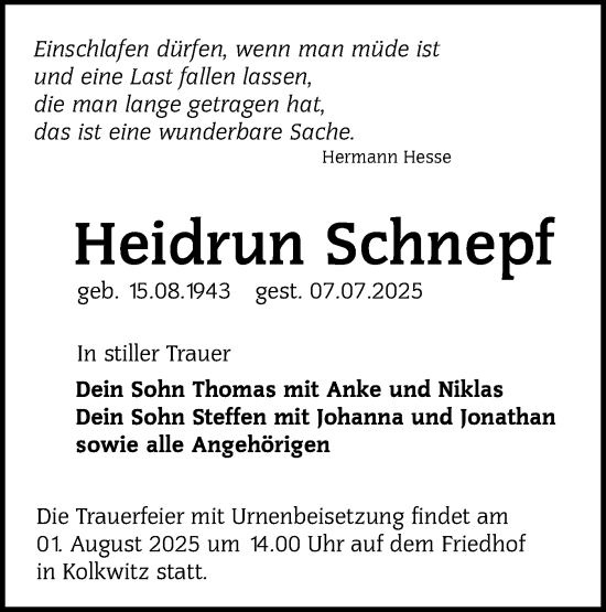 Traueranzeige von Heidrun Schnepf von Lausitzer Rundschau
