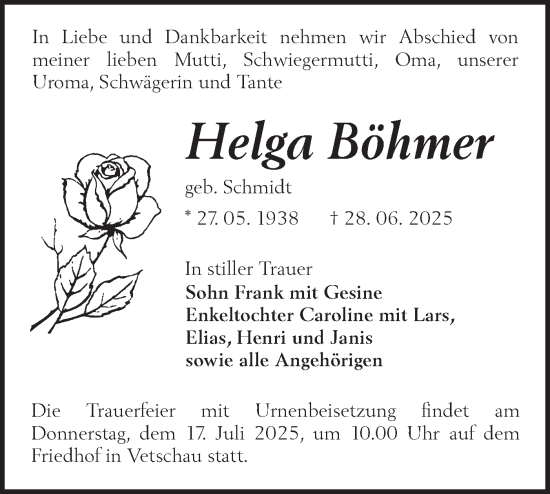 Traueranzeige von Helga Böhmer von Lausitzer Rundschau