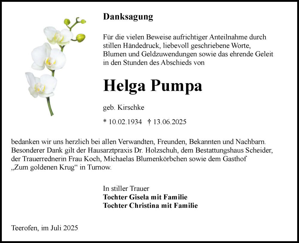  Traueranzeige für Helga Pumpa vom 05.07.2025 aus Lausitzer Rundschau