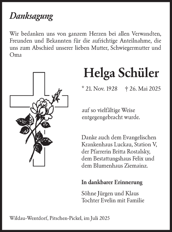 Traueranzeige von Helga Schüler von Lausitzer Rundschau