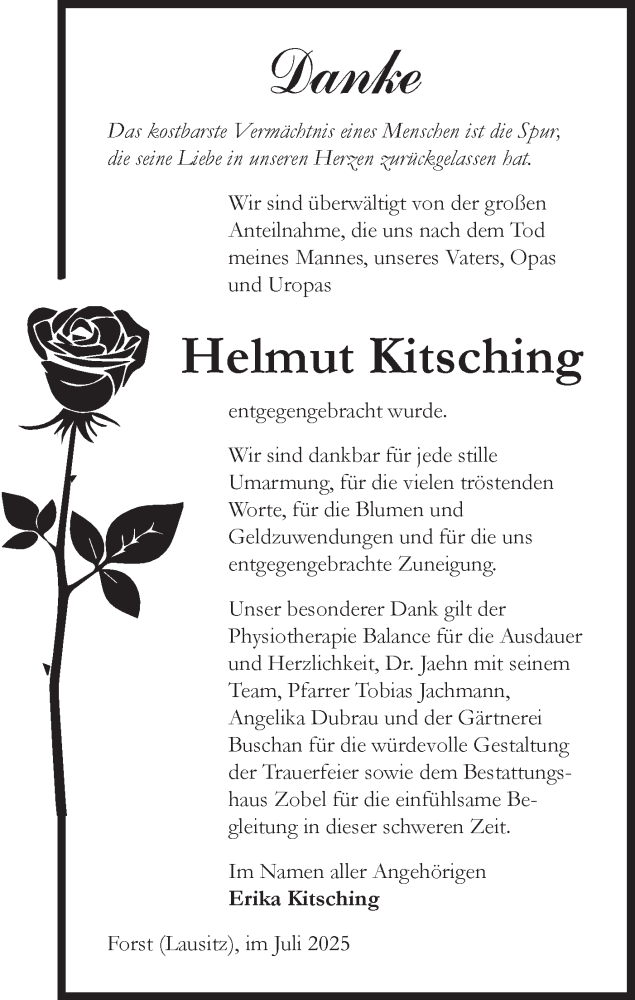  Traueranzeige für Helmut Kitsching vom 19.07.2025 aus Lausitzer Rundschau
