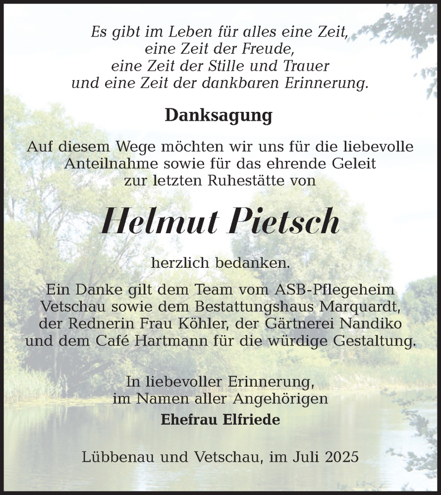  Traueranzeige für Helmut Pietsch vom 19.07.2025 aus Lausitzer Rundschau