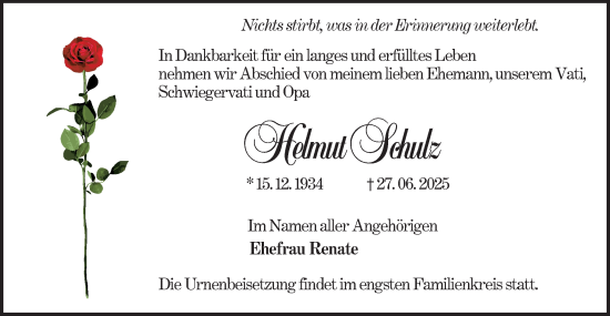Traueranzeige von Helmut Schulz von Lausitzer Rundschau