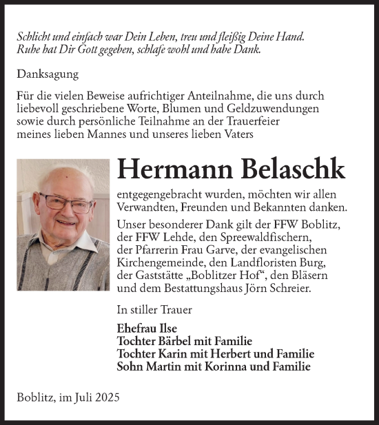 Traueranzeige von Hermann Belaschk von Lausitzer Rundschau