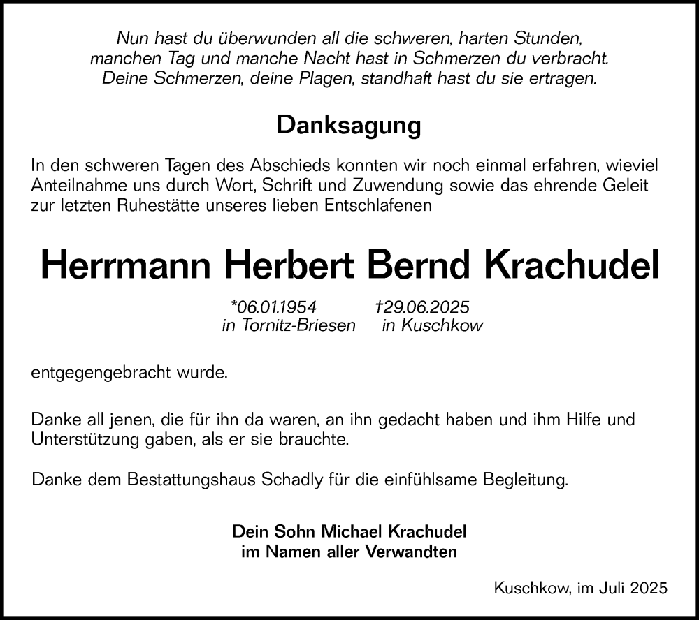  Traueranzeige für Herrmann Herbert Bernd Krachudel vom 26.07.2025 aus Lausitzer Rundschau