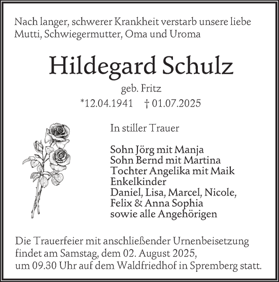 Traueranzeige von Hildegard Schulz von Lausitzer Rundschau