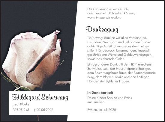 Traueranzeige von Hildegard Schurwanz von Lausitzer Rundschau