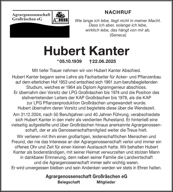 Traueranzeige von Hubert Kanter von Lausitzer Rundschau