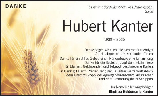 Traueranzeige von Hubert Kanter von Lausitzer Rundschau
