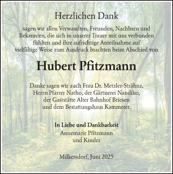 Traueranzeige von Hubert Pfitzmann von Lausitzer Rundschau