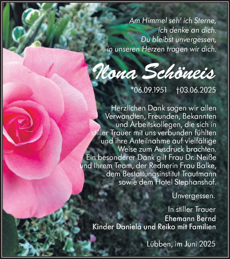  Traueranzeige für Ilona Schöneis vom 05.07.2025 aus Lausitzer Rundschau